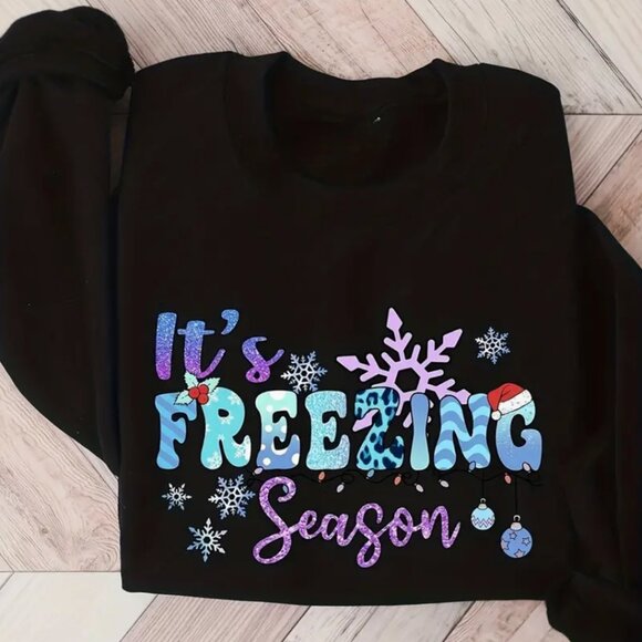 Freezing Season Print Sweatshirt, Casual Long Sleeve, Crew Neck - Picture 1 of 3